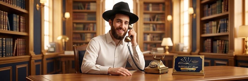 A smiling yeshiva student answering the phone at the Rabbinical College of Boston office