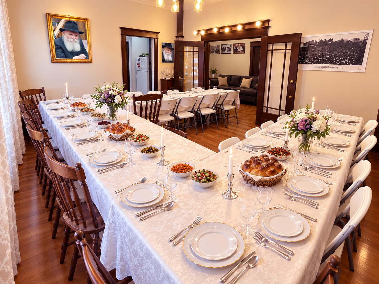 A table set for a Shabbat meal at Chabad House Boston